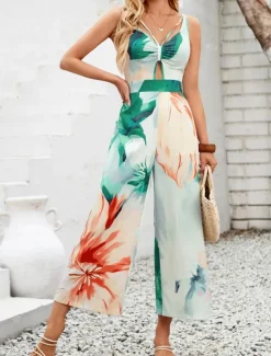 Sale Women's Normal Jumpsuit Active Floral Sleeveless V Neck High Waist Vacation Daily Regular Fit Purple Orange Summer Women Jumpsuits