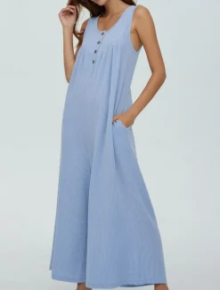 Best Women's Normal Jumpsuit Active Solid Color Sleeveless U Neck Buttons Pocket Vacation Daily Regular Fit Black Navy Blue Blue Summer Women Jumpsuits