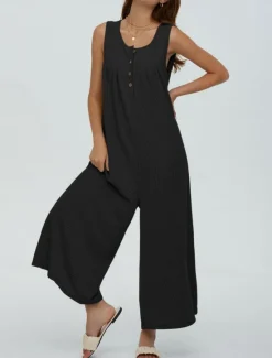 Best Women's Normal Jumpsuit Active Solid Color Sleeveless U Neck Buttons Pocket Vacation Daily Regular Fit Black Navy Blue Blue Summer Women Jumpsuits