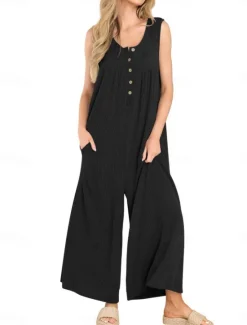 Best Women's Normal Jumpsuit Active Solid Color Sleeveless U Neck Buttons Pocket Vacation Daily Regular Fit Black Navy Blue Blue Summer Women Jumpsuits