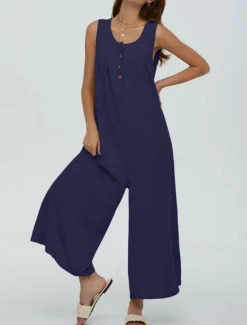 Best Women's Normal Jumpsuit Active Solid Color Sleeveless U Neck Buttons Pocket Vacation Daily Regular Fit Black Navy Blue Blue Summer Women Jumpsuits