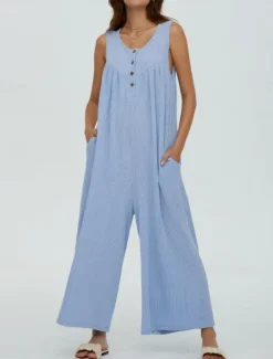 Best Women's Normal Jumpsuit Active Solid Color Sleeveless U Neck Buttons Pocket Vacation Daily Regular Fit Black Navy Blue Blue Summer Women Jumpsuits