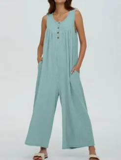 Best Women's Normal Jumpsuit Active Solid Color Sleeveless U Neck Buttons Pocket Vacation Daily Regular Fit Black Navy Blue Blue Summer Women Jumpsuits