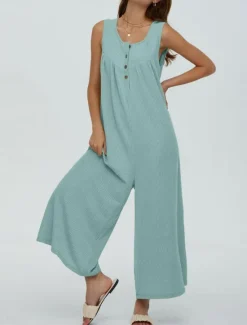 Best Women's Normal Jumpsuit Active Solid Color Sleeveless U Neck Buttons Pocket Vacation Daily Regular Fit Black Navy Blue Blue Summer Women Jumpsuits