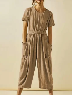 Best Women's Normal Jumpsuit Active Solid Color Short Sleeve Round Neck Pocket Vacation Daily Regular Fit White Green Khaki Summer Women Jumpsuits