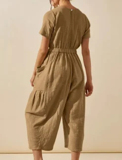 Best Women's Normal Jumpsuit Active Solid Color Short Sleeve Round Neck Pocket Vacation Daily Regular Fit White Green Khaki Summer Women Jumpsuits