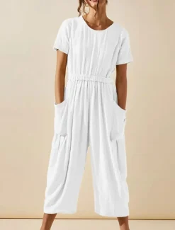 Best Women's Normal Jumpsuit Active Solid Color Short Sleeve Round Neck Pocket Vacation Daily Regular Fit White Green Khaki Summer Women Jumpsuits