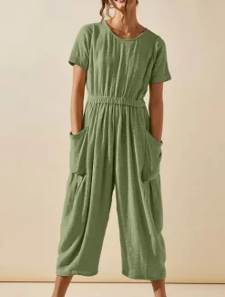 Best Women's Normal Jumpsuit Active Solid Color Short Sleeve Round Neck Pocket Vacation Daily Regular Fit White Green Khaki Summer Women Jumpsuits