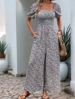 Sale Women's Normal Jumpsuit Active Floral Short Sleeve Square Neck Pocket High Waist Vacation Daily Regular Fit Pink Blue Summer Women Jumpsuits