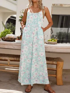 Discount Women's Normal Jumpsuit Active Floral Sleeveless U Neck High Waist Vacation Daily Loose Fit Summer Women Jumpsuits