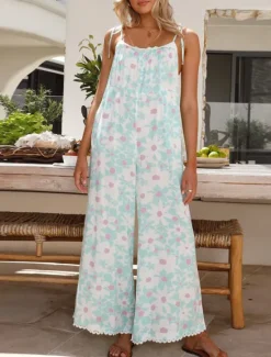 Discount Women's Normal Jumpsuit Active Floral Sleeveless U Neck High Waist Vacation Daily Loose Fit Summer Women Jumpsuits