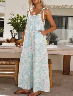 Discount Women's Normal Jumpsuit Active Floral Sleeveless U Neck High Waist Vacation Daily Loose Fit Summer Women Jumpsuits