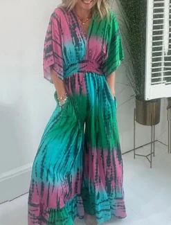 Women's Normal Jumpsuit Active Tie Dye Half Sleeve V Neck High Waist Vacation Daily Regular Fit Summer Women Jumpsuits