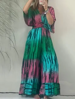 Women's Normal Jumpsuit Active Tie Dye Half Sleeve V Neck High Waist Vacation Daily Regular Fit Summer Women Jumpsuits