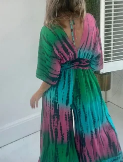 Women's Normal Jumpsuit Active Tie Dye Half Sleeve V Neck High Waist Vacation Daily Regular Fit Summer Women Jumpsuits