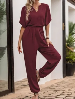 Hot Women's Normal Jumpsuit Active Solid Color Sleeveless V Neck High Waist Vacation Daily Regular Fit Black Wine Blue Summer Women Jumpsuits