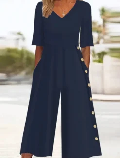 Outlet Women's Normal Jumpsuit Active Solid Color Half Sleeve Wide Leg V Neck Buttons Pocket Vacation Daily Regular Fit Summer Women Jumpsuits|Graphic Jumpsuit