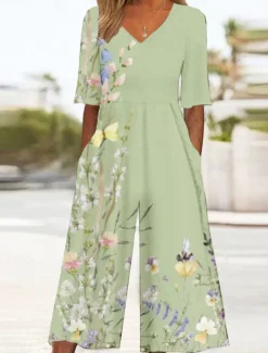 Best Women's Normal Jumpsuit Active Floral 3/4 Length Sleeve Wide Leg V Neck High Waist Vacation Daily Regular Fit Black Red Blue Summer Women Jumpsuits|Graphic Jumpsuit