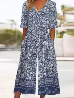 Best Women's Normal Jumpsuit Active Floral 3/4 Length Sleeve Wide Leg V Neck High Waist Vacation Daily Regular Fit Black Red Blue Summer Women Jumpsuits|Graphic Jumpsuit