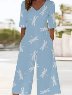 Best Women's Normal Jumpsuit Active Floral 3/4 Length Sleeve Wide Leg V Neck High Waist Vacation Daily Regular Fit Black Red Blue Summer Women Jumpsuits|Graphic Jumpsuit