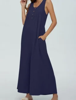 Online Women's Normal Jumpsuit Active Solid Color Sleeveless U Neck Buttons Pocket Vacation Daily Regular Fit Black Navy Blue Blue Summer Women Jumpsuits
