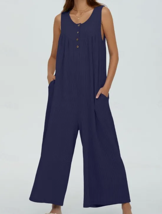 Online Women's Normal Jumpsuit Active Solid Color Sleeveless U Neck Buttons Pocket Vacation Daily Regular Fit Black Navy Blue Blue Summer Women Jumpsuits