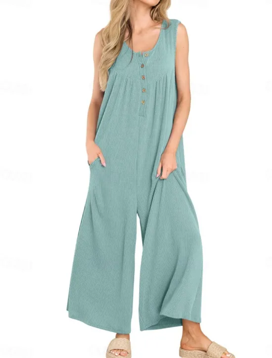 Online Women's Normal Jumpsuit Active Solid Color Sleeveless U Neck Buttons Pocket Vacation Daily Regular Fit Black Navy Blue Blue Summer Women Jumpsuits