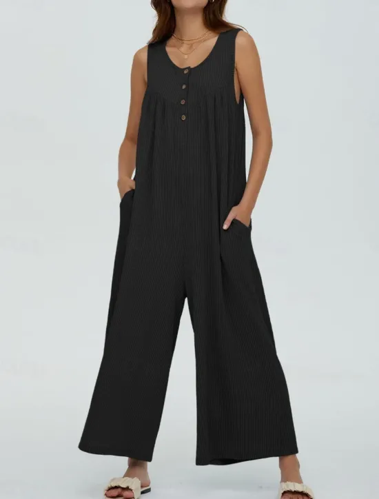 Online Women's Normal Jumpsuit Active Solid Color Sleeveless U Neck Buttons Pocket Vacation Daily Regular Fit Black Navy Blue Blue Summer Women Jumpsuits