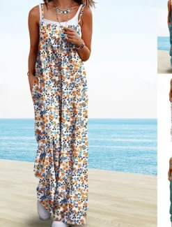 Outlet Women's Normal Jumpsuit Active Floral Sleeveless Wide Leg Round Neck Pocket High Waist Vacation Daily Regular Fit Yellow Pink Army Green Summer Women Graphic Jumpsuit
