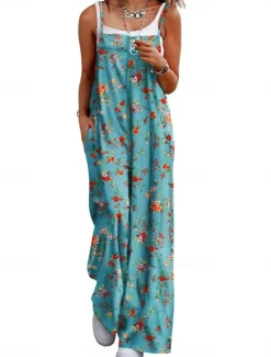 Outlet Women's Normal Jumpsuit Active Floral Sleeveless Wide Leg Round Neck Pocket High Waist Vacation Daily Regular Fit Yellow Pink Army Green Summer Women Graphic Jumpsuit