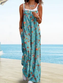 Outlet Women's Normal Jumpsuit Active Floral Sleeveless Wide Leg Round Neck Pocket High Waist Vacation Daily Regular Fit Yellow Pink Army Green Summer Women Graphic Jumpsuit