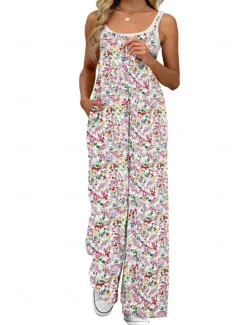Outlet Women's Normal Jumpsuit Active Floral Sleeveless Wide Leg Round Neck Pocket High Waist Vacation Daily Regular Fit Yellow Pink Army Green Summer Women Graphic Jumpsuit
