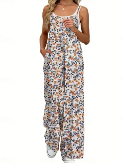 Outlet Women's Normal Jumpsuit Active Floral Sleeveless Wide Leg Round Neck Pocket High Waist Vacation Daily Regular Fit Yellow Pink Army Green Summer Women Graphic Jumpsuit
