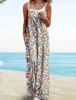 Outlet Women's Normal Jumpsuit Active Floral Sleeveless Wide Leg Round Neck Pocket High Waist Vacation Daily Regular Fit Yellow Pink Army Green Summer Women Graphic Jumpsuit