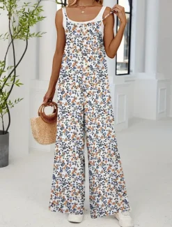Outlet Women's Normal Jumpsuit Active Floral Sleeveless Wide Leg Round Neck Pocket High Waist Vacation Daily Regular Fit Yellow Pink Army Green Summer Women Graphic Jumpsuit