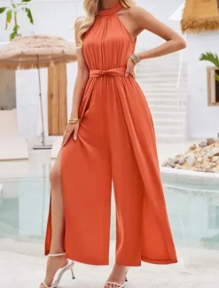 Online Women's Normal Jumpsuit Active Solid Color Sleeveless Halter Neck High Waist Tie Belt Vacation Daily Regular Fit Green Summer Women Jumpsuits