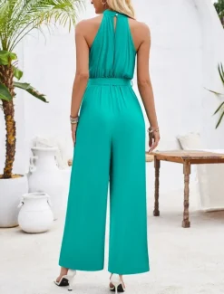 Online Women's Normal Jumpsuit Active Solid Color Sleeveless Halter Neck High Waist Tie Belt Vacation Daily Regular Fit Green Summer Women Jumpsuits