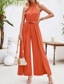 Online Women's Normal Jumpsuit Active Solid Color Sleeveless Halter Neck High Waist Tie Belt Vacation Daily Regular Fit Green Summer Women Jumpsuits
