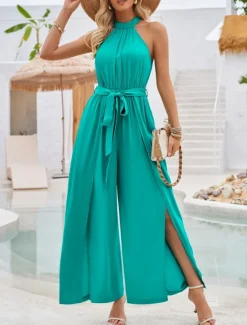 Online Women's Normal Jumpsuit Active Solid Color Sleeveless Halter Neck High Waist Tie Belt Vacation Daily Regular Fit Green Summer Women Jumpsuits