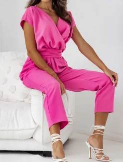 Women's Normal Jumpsuit Active Solid Color Short Sleeve V Neck High Waist Street Daily Regular Fit Black White Fuchsia Summer Women Jumpsuits