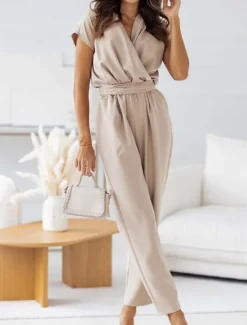 Women's Normal Jumpsuit Active Solid Color Short Sleeve V Neck High Waist Street Daily Regular Fit Black White Fuchsia Summer Women Jumpsuits
