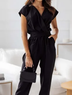 Women's Normal Jumpsuit Active Solid Color Short Sleeve V Neck High Waist Street Daily Regular Fit Black White Fuchsia Summer Women Jumpsuits