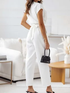 Women's Normal Jumpsuit Active Solid Color Short Sleeve V Neck High Waist Street Daily Regular Fit Black White Fuchsia Summer Women Jumpsuits