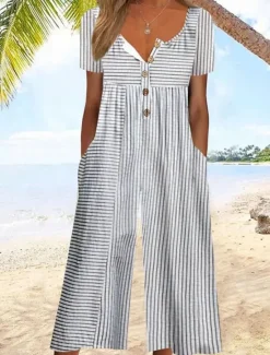 Outlet Women's Normal Jumpsuit Active Floral Short Sleeve Wide Leg Round Neck Pocket Print Vacation Daily Regular Fit White Army Green Blue Summer Women Graphic Jumpsuit