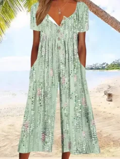 Outlet Women's Normal Jumpsuit Active Floral Short Sleeve Wide Leg Round Neck Pocket Print Vacation Daily Regular Fit White Army Green Blue Summer Women Graphic Jumpsuit