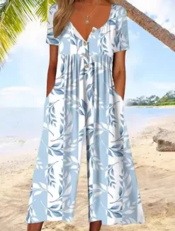 Outlet Women's Normal Jumpsuit Active Floral Short Sleeve Wide Leg Round Neck Pocket Print Vacation Daily Regular Fit White Army Green Blue Summer Women Graphic Jumpsuit