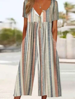 Outlet Women's Normal Jumpsuit Active Floral Short Sleeve Wide Leg Round Neck Pocket Print Vacation Daily Regular Fit White Army Green Blue Summer Women Graphic Jumpsuit