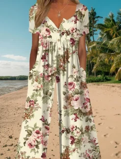 Outlet Women's Normal Jumpsuit Active Floral Short Sleeve Wide Leg Round Neck Pocket Print Vacation Daily Regular Fit White Army Green Blue Summer Women Graphic Jumpsuit