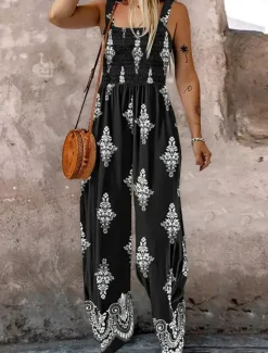 Online Women's Normal Jumpsuit Active Floral Sleeveless Square Neck Pocket High Waist Vacation Daily Regular Fit Black Blue Fuchsia Summer Women Jumpsuits|Graphic Jumpsuit