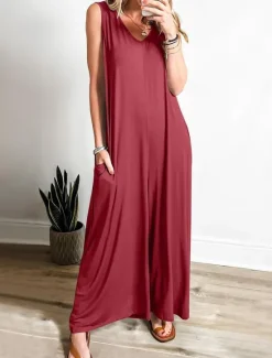 Women's Normal Jumpsuit Active Solid Color Sleeveless V Neck High Waist Vacation Street Loose Fit Red Green Summer Women Jumpsuits